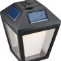 Schwarze Solar-LED-Außenleuchte im Laternen-Design mit Solarpanelen.