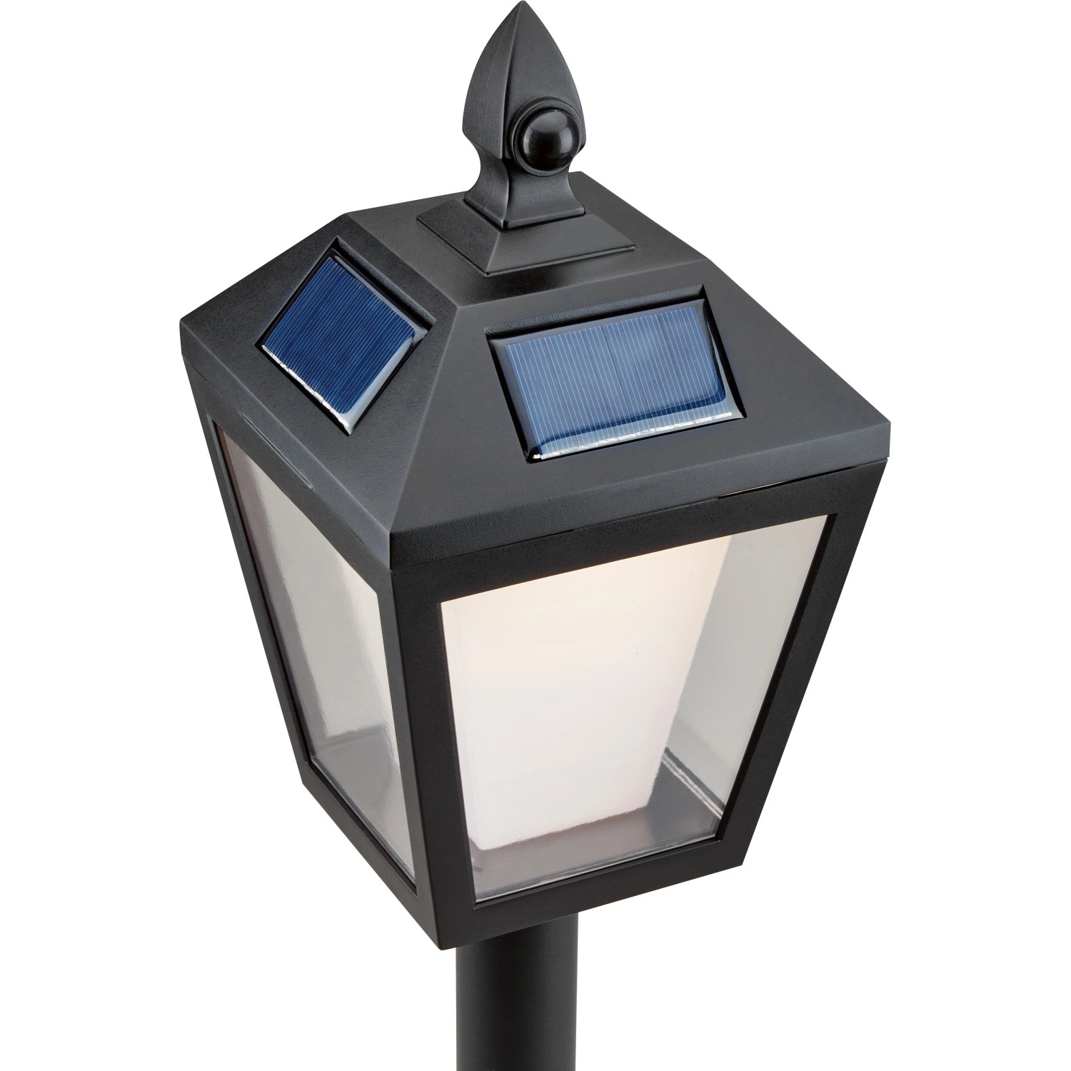 Schwarze Solar-LED-Außenleuchte im Laternen-Design mit Solarpanelen.