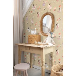 ESTAhome Vliestapete mit rosa-grünem Elfenmotiv, Blumen und Pilzen. Dekorative Tapete für Kinderzimmer.