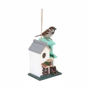 Relaxdays Vogelhaus aus Kiefernholz, mehrfarbig, Landhausstil, mit Spatz auf dem Dach, wetterfest.