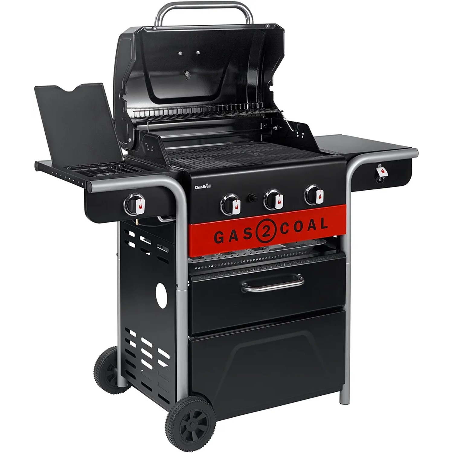 Char-Broil Gas2Coal 330 Kombigrill mit 3 Brennern und Seitenkochfeld.
