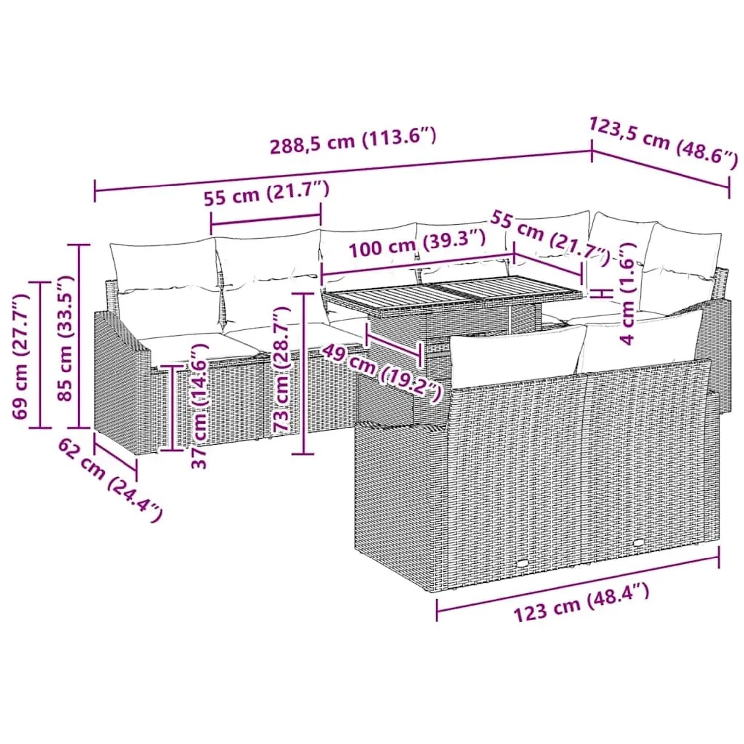 Beiges 9-teiliges Garten-Sofa-Set mit Tisch und Stauraum aus Poly Rattan von vidaXL.