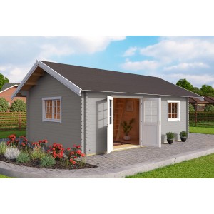 Lasita Maja Gartenhaus Caroline Set in Lichtgrau, 575x390cm. Holz-Gartenhaus mit Doppeltür und Satteldach.
