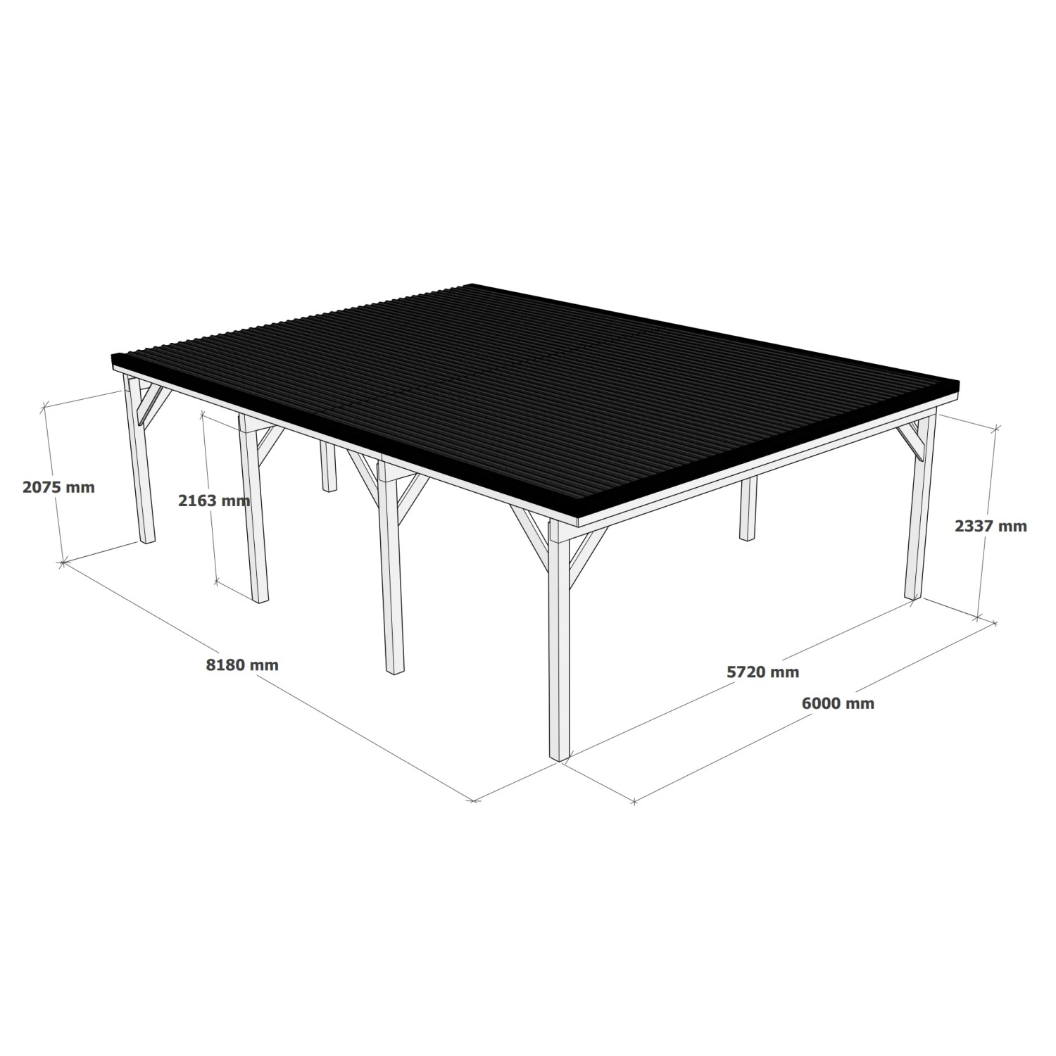 Holzbrüder Doppelcarport Ralf, reinweiß, 600x868cm, mit dunkelbraunem Blechdach. Technische Zeichnung.