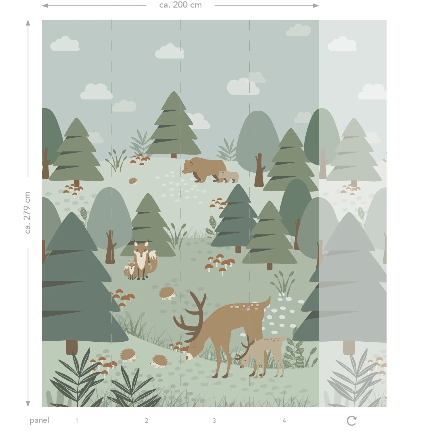 ESTAhome Fototapete Wald mit Tieren, 200x279cm, grüne Vliestapete für Kinderzimmer.