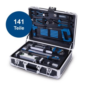 Geöffneter Scheppach Werkzeugkoffer TB200 Aluminium, 141-teilig mit Werkzeugsortiment.