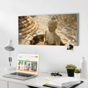 Banjado Magnettafel mit Buddha-Motiv, 78x37cm, silberne Magnetwand für Notizen und Fotos.