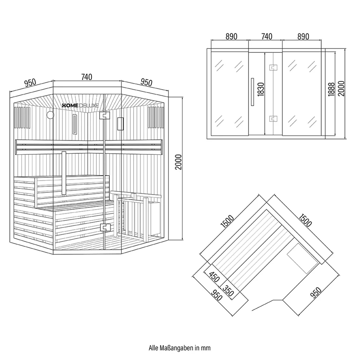 Skizze der traditionellen Sauna SKYLINE aus Tannenholz mit Maßen.