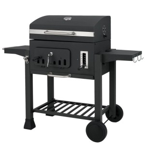 Schwarzer COSTWAY Holzkohlegrill Grillwagen mit Thermometer und Rädern.