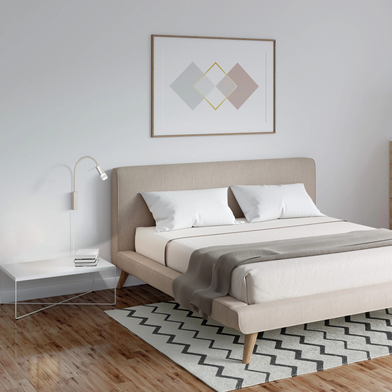 Flexibler LED-Wandspot River in Nickel, 40 cm, als Bettlampe neben einem Bett montiert.