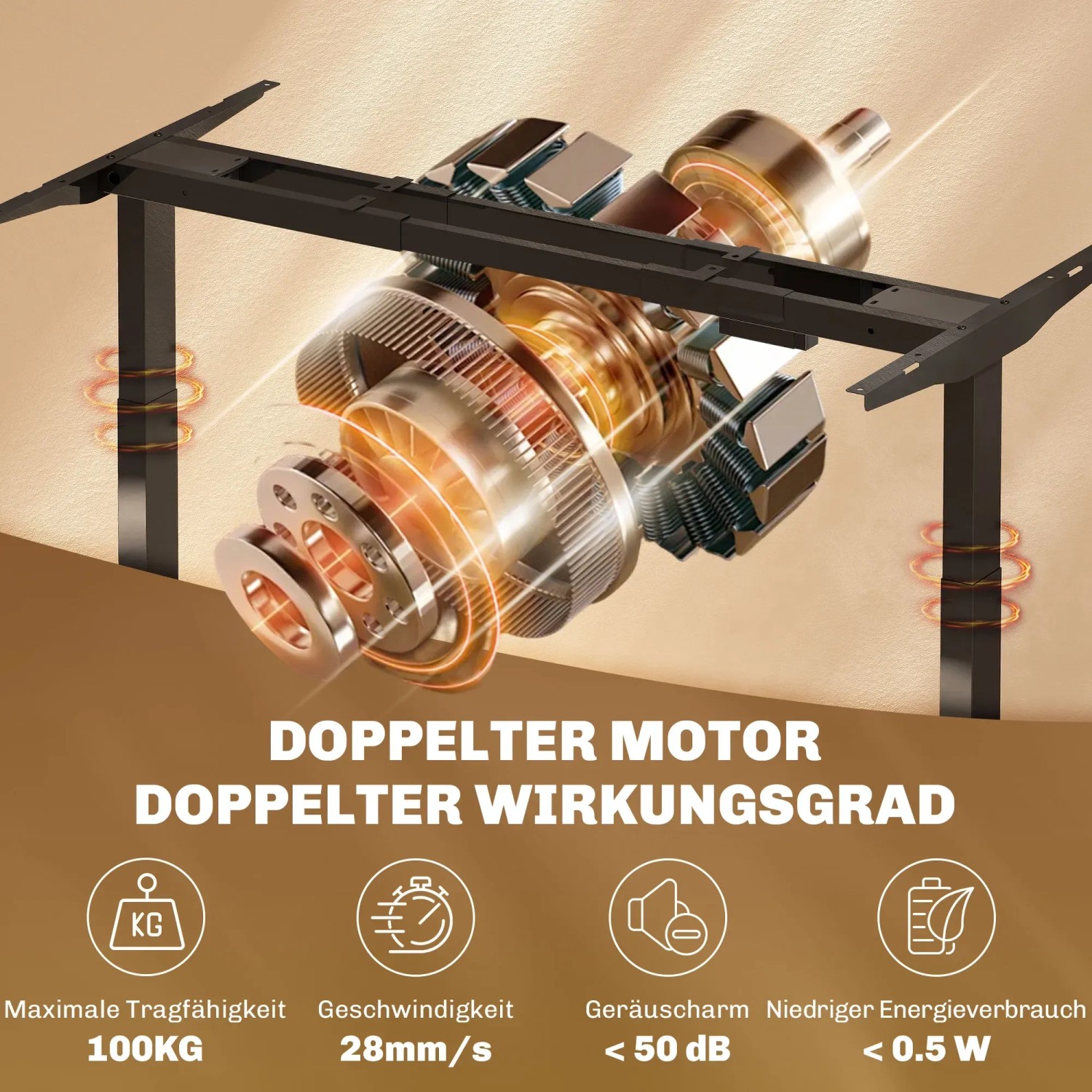 Detailaufnahme: Schwarzes, höhenverstellbares Schreibtischgestell mit Doppelmotor für Schreibtische.