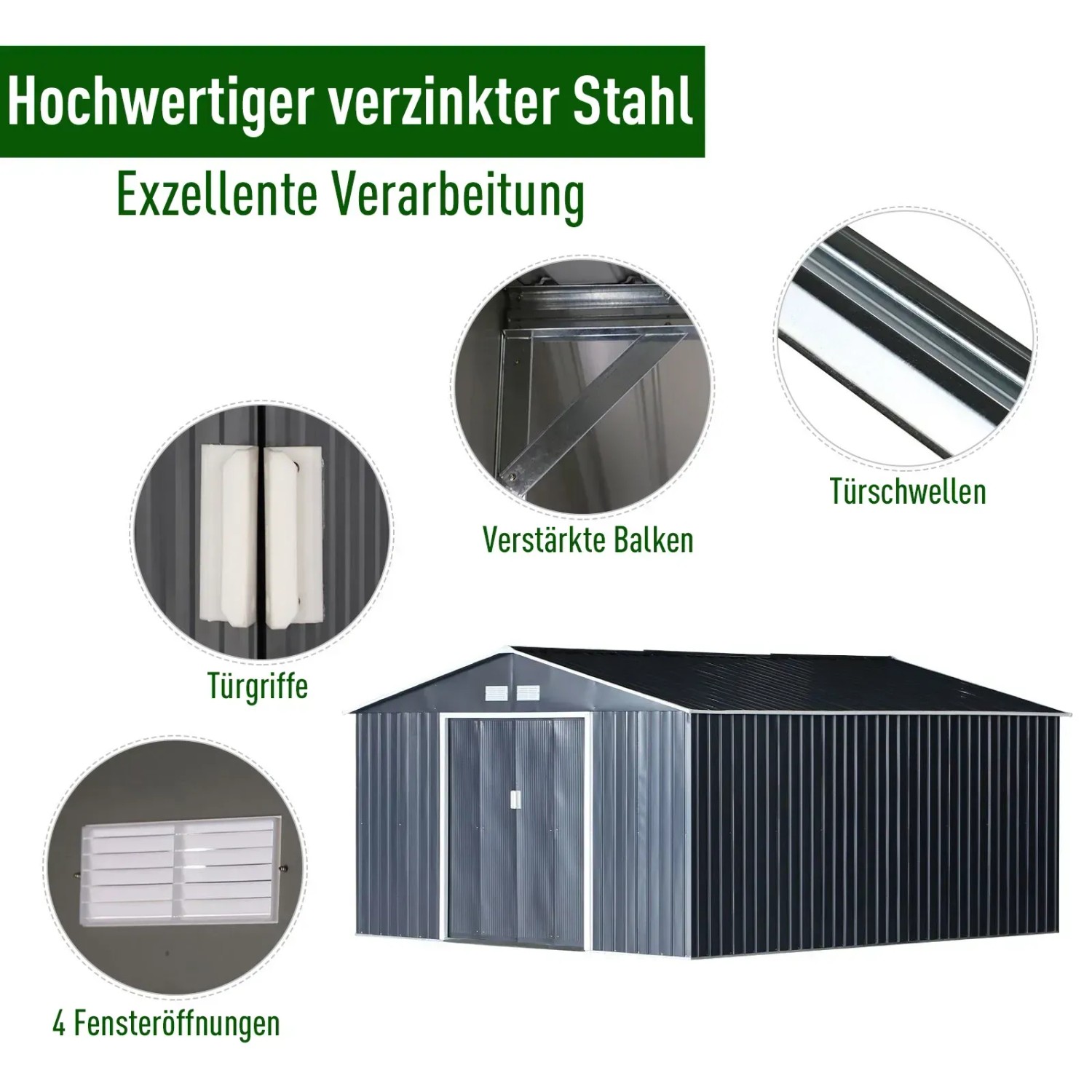Outsunny Gerätehaus, 20m³, Kohlegrau, mit Schiebetüren und Fensteröffnungen.