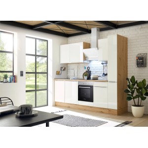 Respekta Küchenzeile Marleen 250 cm in Artisan-Eiche und Weiß Hochglanz mit E-Geräten.
