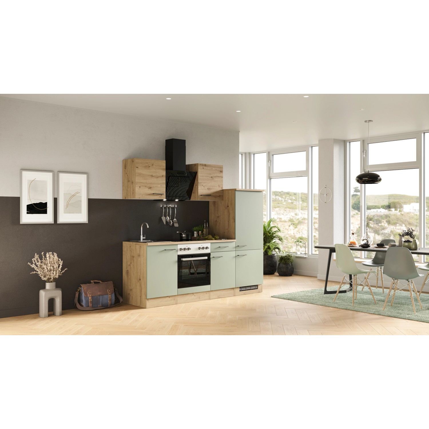 Flex-Well Küche Cara in Schilfgrün/Artisan Eiche, 220 cm breit. Inklusive E-Geräte und Spüle.