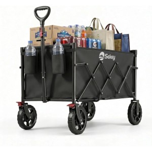 Sekey Bollerwagen, faltbar, 120L, 100KG, schwarz, beladen mit Einkäufen. Ideal für Camping & Freizeit.