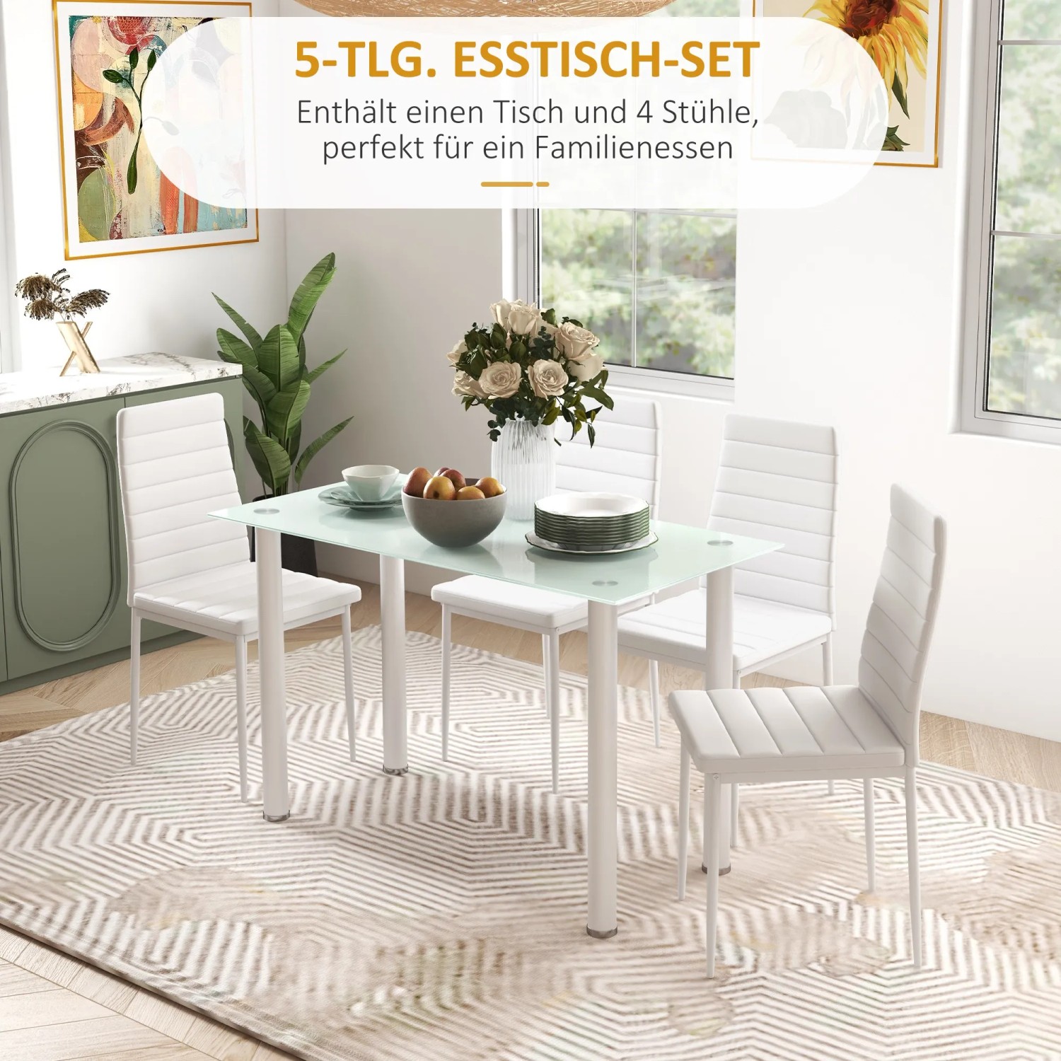 HOMCOM Essgruppe mit weißem Kunstleder und Stahl, bestehend aus Tisch und 4 Stühlen.