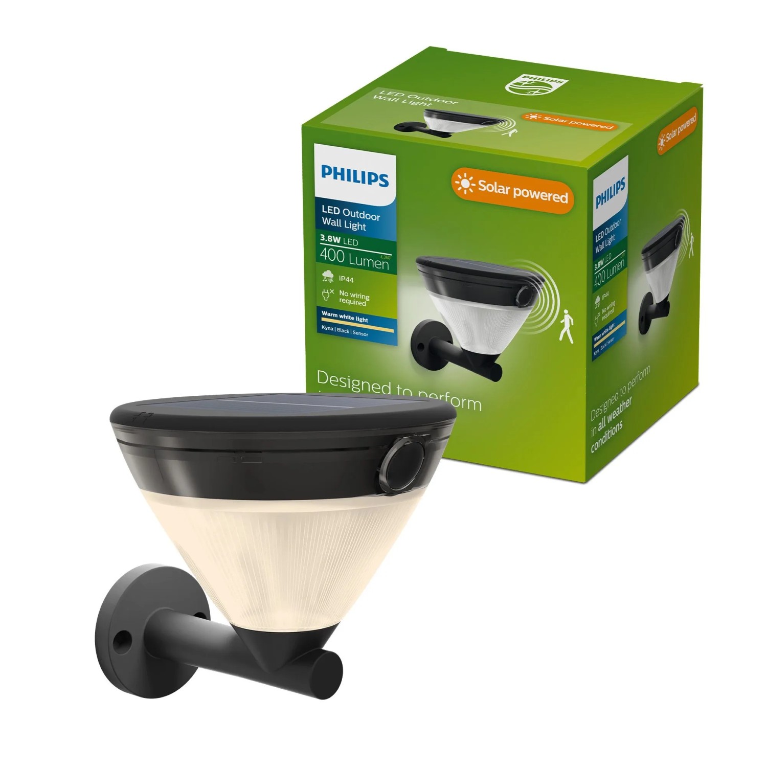 Schwarze Philips Solar-Wandleuchte Kyna für den Außenbereich. Inklusive Bewegungssensor und warmweißem Licht.