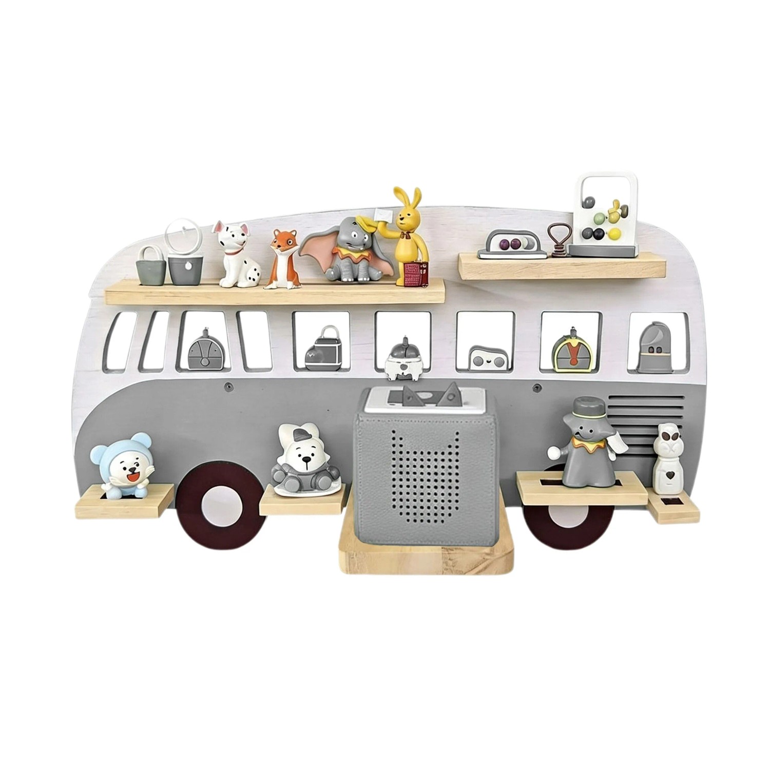Relaxdays Toniebox Regal Bus MDF Kiefernholz Grau Für 25 Tonies Mit Magnetstreifen 32 cm x 62 cm x 13 cm 1 kg