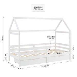 Weißes Homestyle4u Hausbett 90x200 aus Kiefernholz mit Bettkasten und Lattenrost. Kinderbett mit Rausfallschutz.