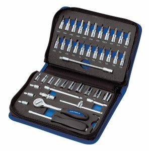 LUX Steckschlüsselsatz Classic, 45-teilig mit Nüssen, Bits und Verlängerung in blauem Etui.