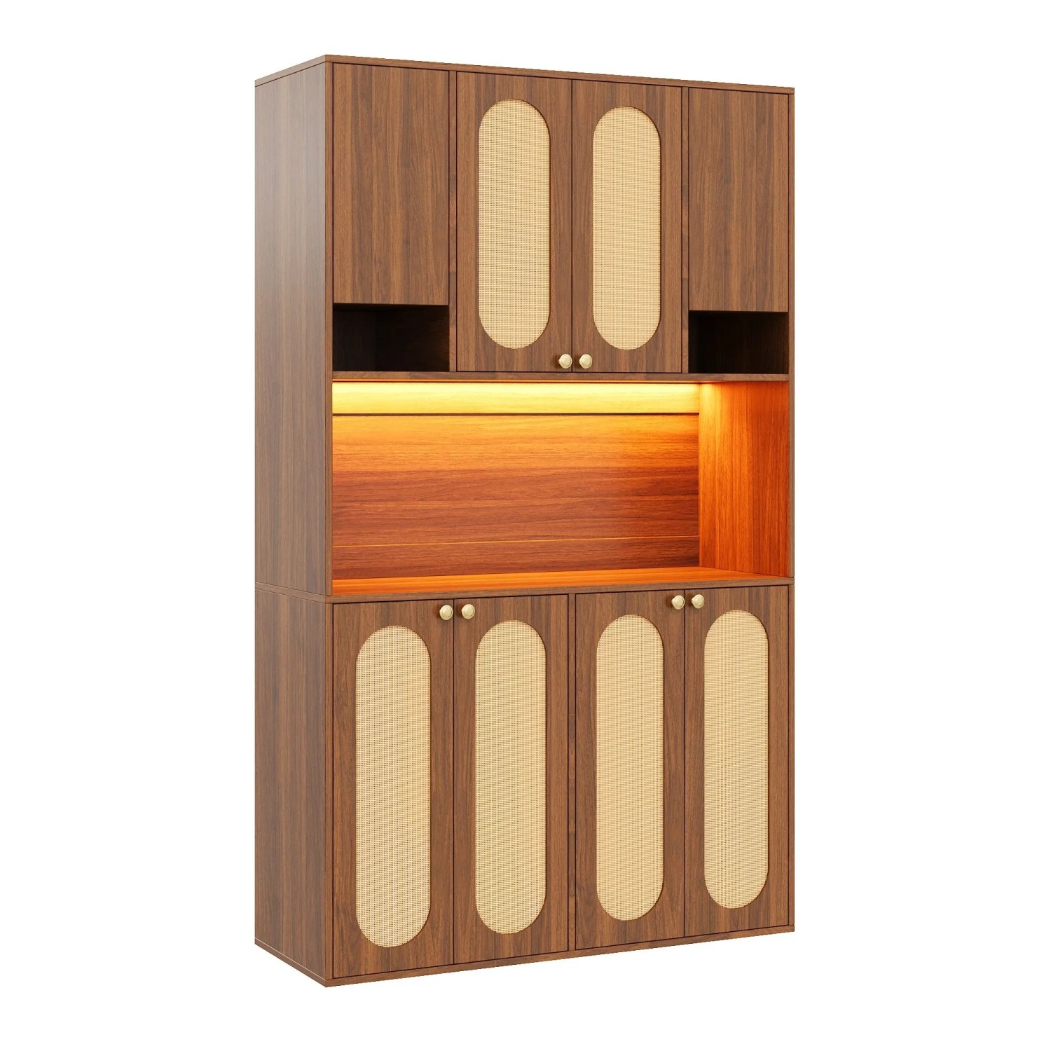 PXloue Hochschrank Küchenbuffet 178 cm Natur mit 8 Türen PE Rattan LED Hausbar und Stauraum