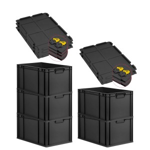 PROREGAL SuperSparSet: 5 schwarze Euroboxen (65L) mit Deckel und gelben Verschlüssen, gestapelt.