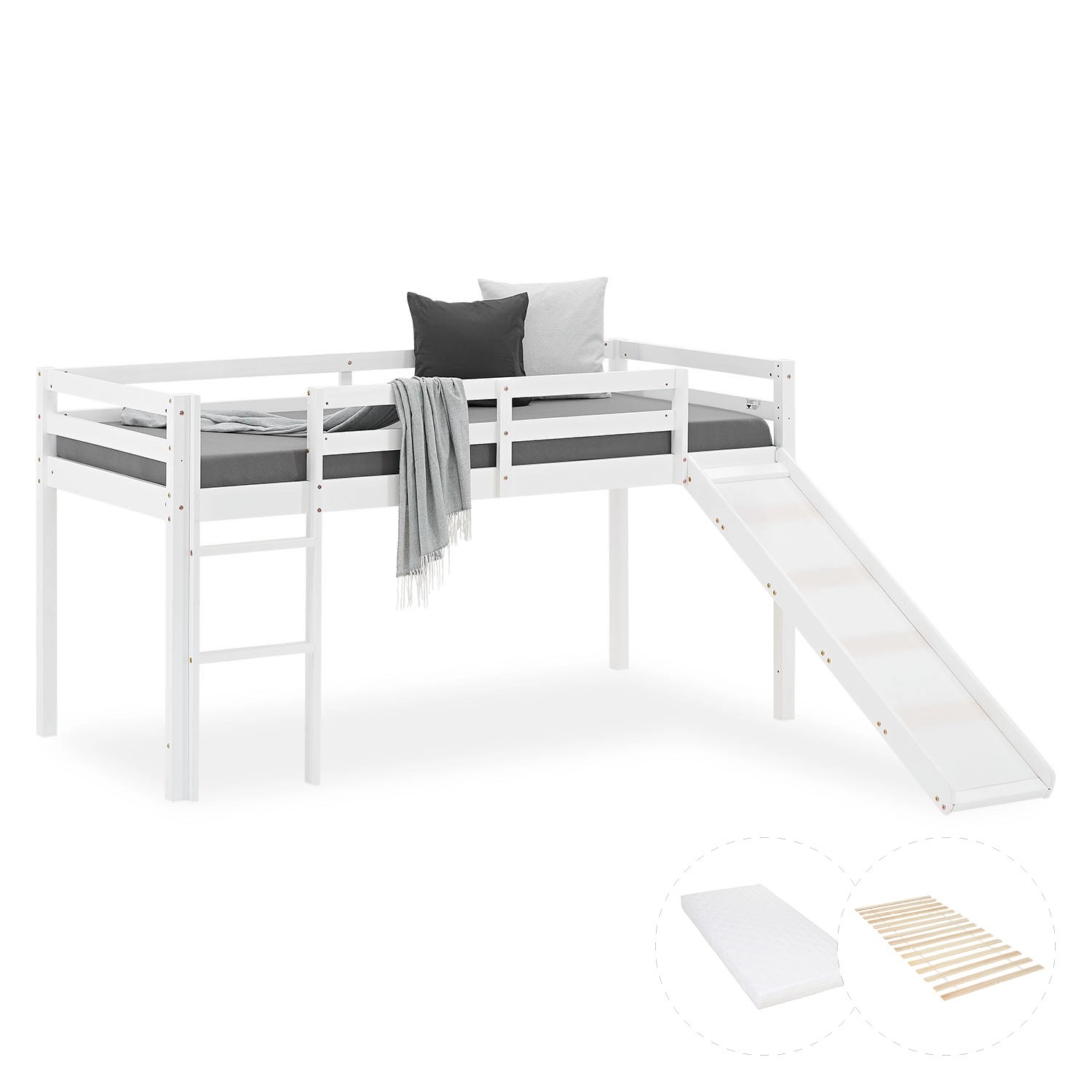 Homestyle4u Kinderbett 90x200 mit Lattenrost Matratze und Rutsche in Weiß 2 günstig online kaufen