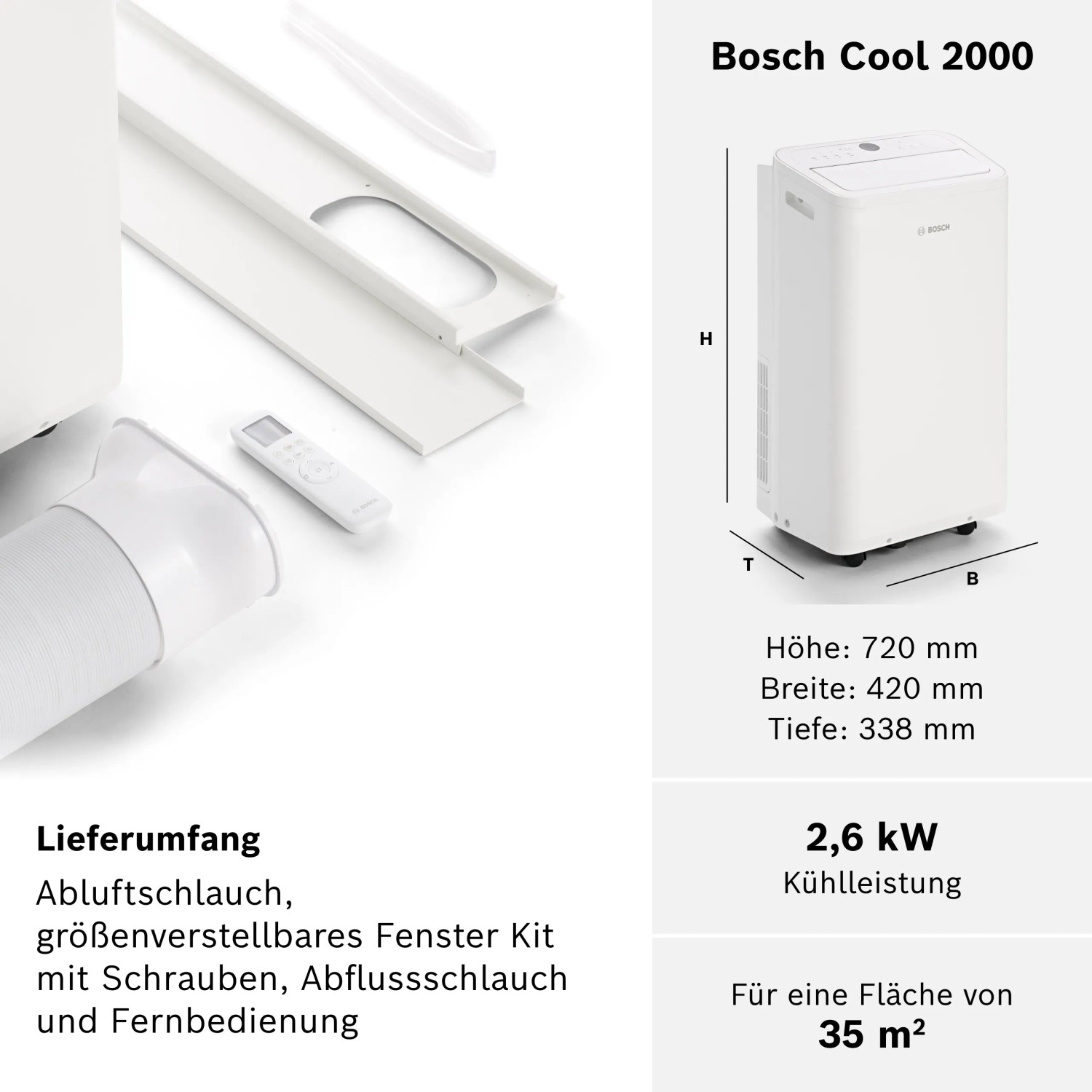 Mobiles Bosch Klimagerät Cool 2000 in Weiß mit Zubehör und Maßangaben.