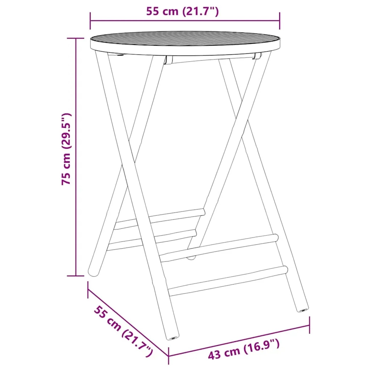 vidaXL Bistro-Set: Klappbarer Bambus-Tisch, rund, mit Maßangaben. Ideal für Garten und Balkon.