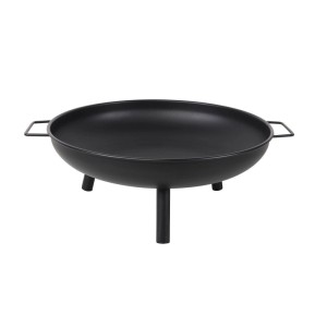 Schwarze Lex Feuerschale aus Stahl mit Griffen und Füßen, ideal für Lagerfeuer und Grill.