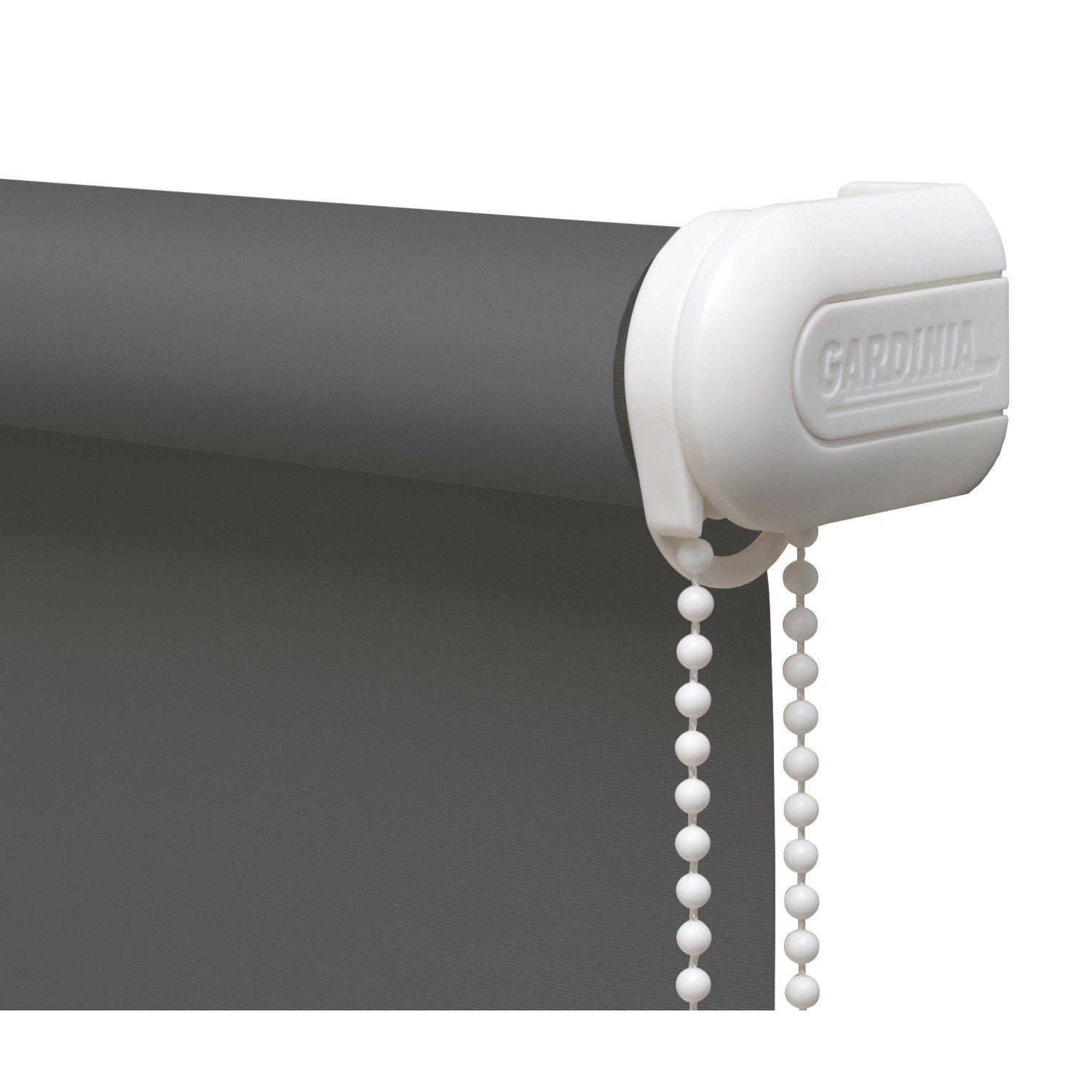 Gardinia Seitenzug-Rollo, abdunkelnd, 142x180 cm, Grau. Detailansicht von Stoff und Bedienkette.