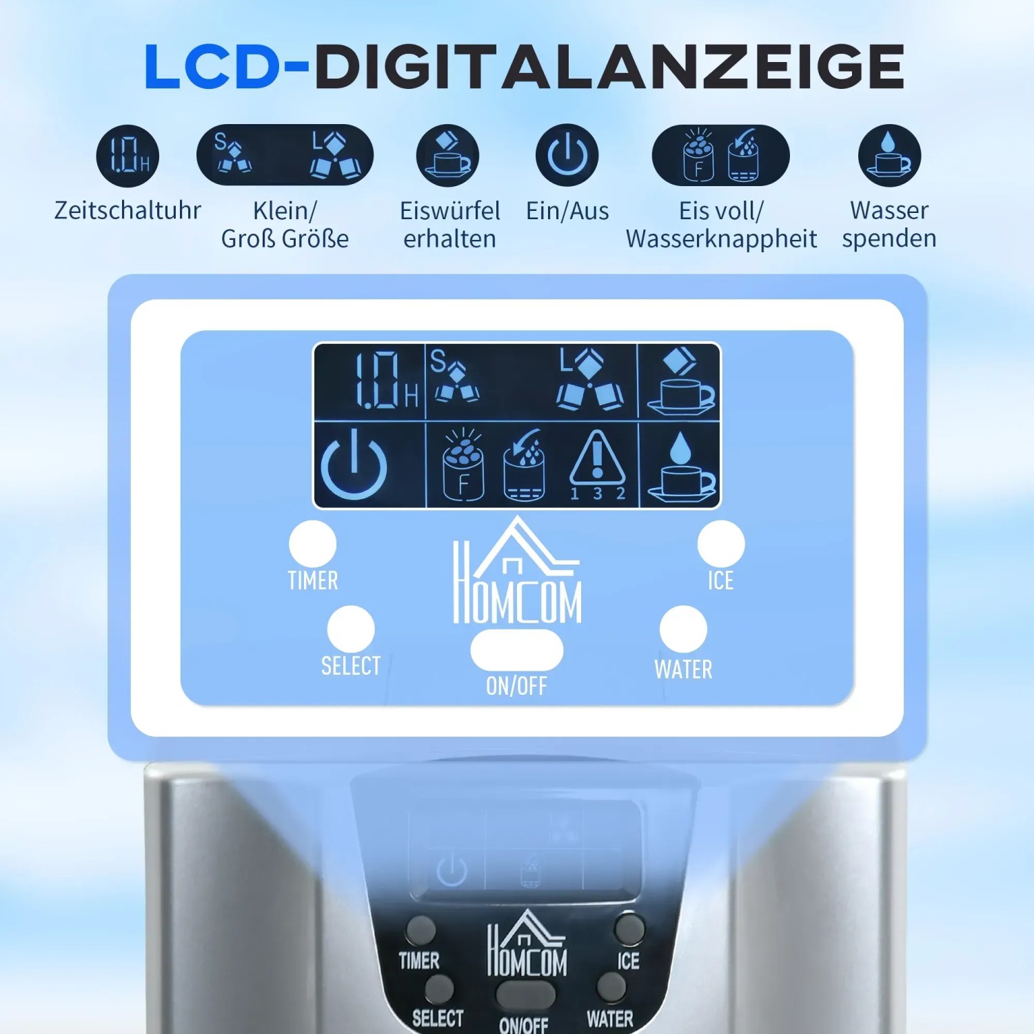 Detailansicht des Displays vom HOMCOM Eiswürfelbereiter mit Digitalanzeige und Bedienelementen.