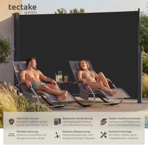 Schwarze Tectake Seitenmarkise 200x300 cm als Sicht- und Sonnenschutz im Garten.