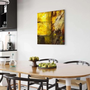 Abstraktes, gelbes Leinwandbild als moderne Wanddekoration für Wohnzimmer und Büro.