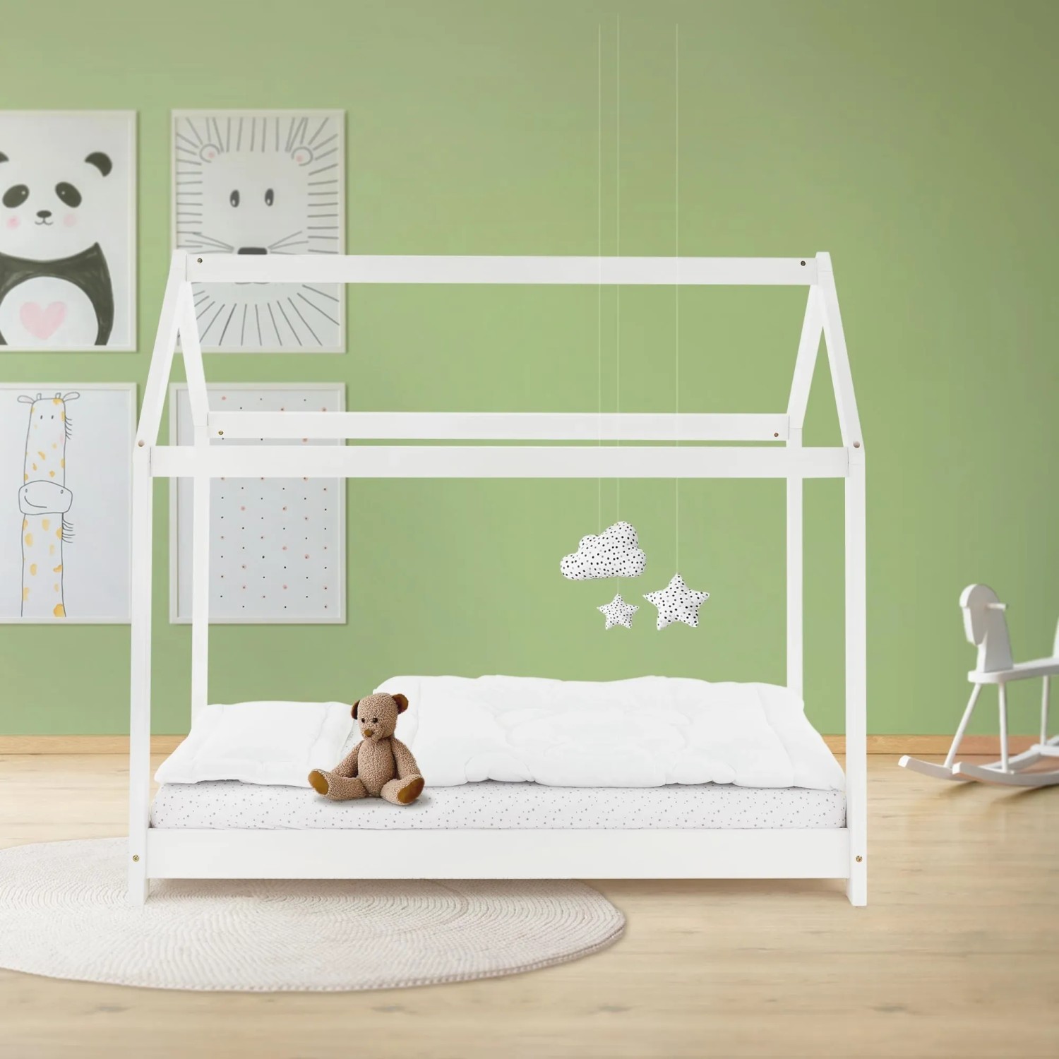 Weißes ML-Design Kinderbett 80x160 cm mit Dach und Lattenrost in Hausbett-Optik.
