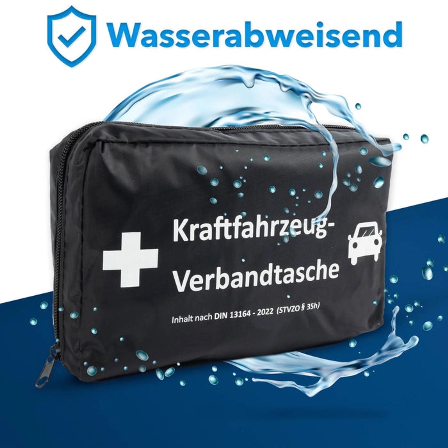 Schwarze KARAT KFZ-Verbandtasche DIN 13164 mit Masken, wasserabweisend.