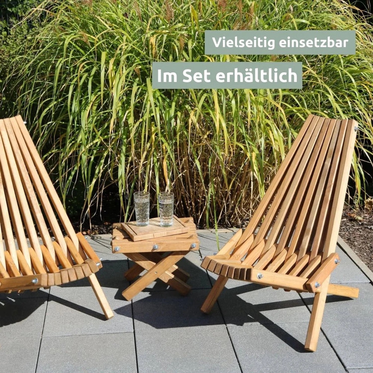 Holz4home Gartenmöbel Set: 2 Liegestühle und 1 Tisch aus Kiefernholz.