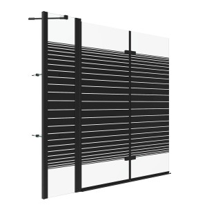 Aquabatos 3-tlg. Badewannenaufsatz, 150x140 cm, schwarz matt, mit Streifen-Design und zwei Eckregalen.