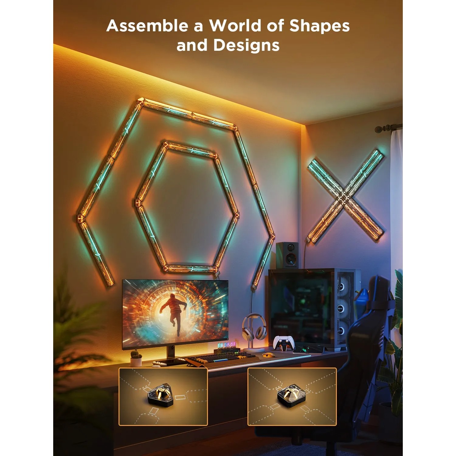 Govee Gaming-Wandleuchten 4+1 H6063 im Gaming-Zimmer, leuchtende Formen an der Wand.