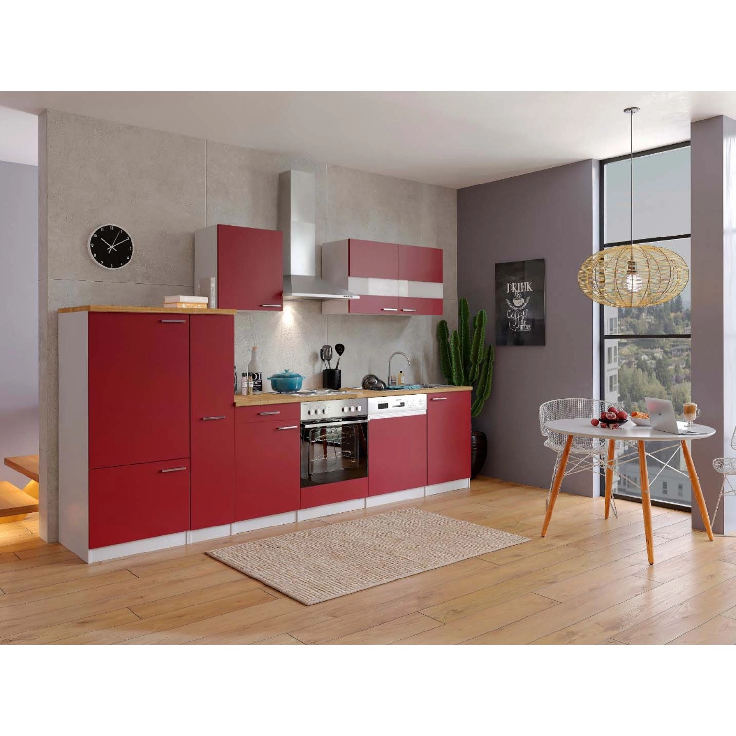 Respekta Küchenzeile/Küchenblock ohne E-Geräte 310 cm Rot-Weiß