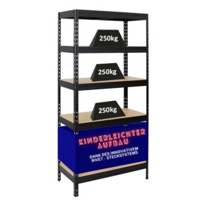 Schwarzes PROREGAL Schwerlastregal Rivet, 180x90x45 cm, mit 5 Böden und je 250 kg Traglast.