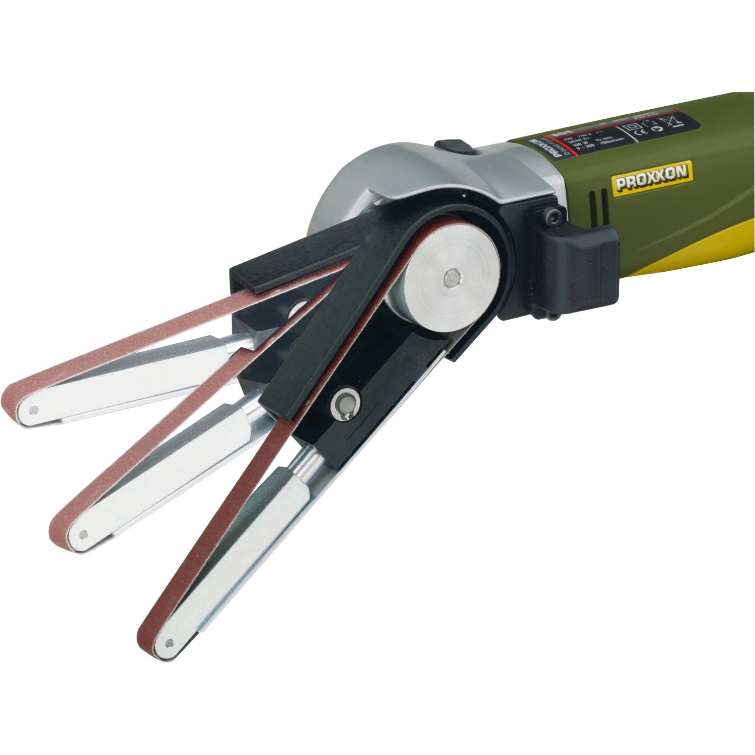 Proxxon Bandschleifer BS/E mit Schleifbändern Korn 80 und 180 für Miniaturwerkzeuge.