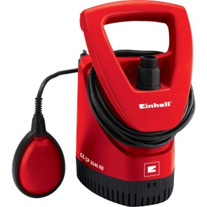 Rote Einhell GE-SP 3546 RB Regenfasspumpe mit Schwimmerschalter und Kabelaufwicklung.