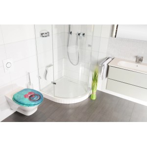Sanilo WC-Sitz mit Absenkautomatik, Holz, mit Motiv im Badezimmer.