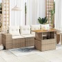 Beige 5-tlg. Garten-Sofagarnitur aus Rattan mit Tisch und Kissen für Terrasse und Garten.