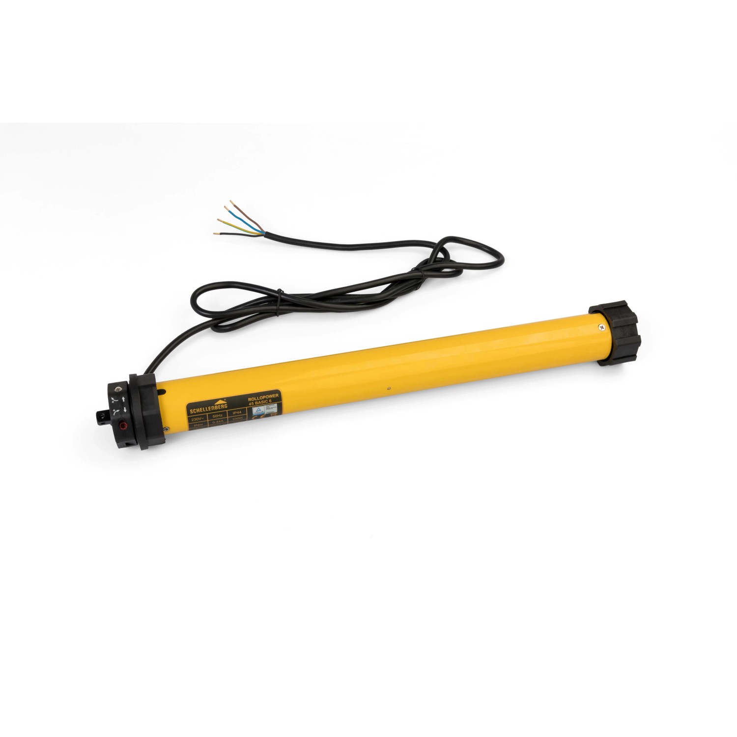 Schellenberg Rollladenmotor Action Maxi 6 Nm, gelb, mit schwarzem Kabel und Zubehör.