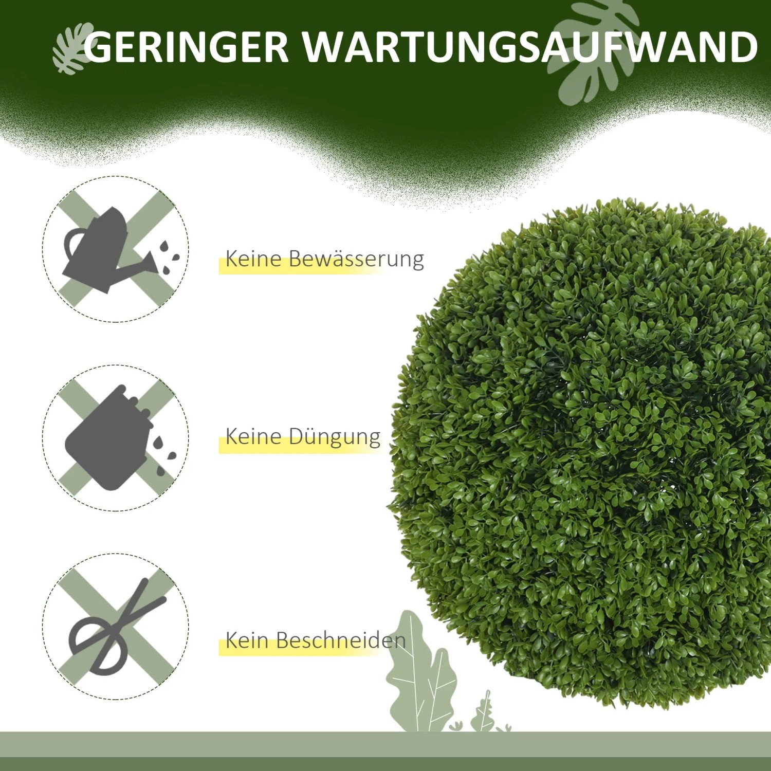 Grüne künstliche Buchsbaumkugel aus Kunststoff, Ø40 cm. Geringer Pflegeaufwand: kein Gießen, Düngen oder Schneiden nötig.