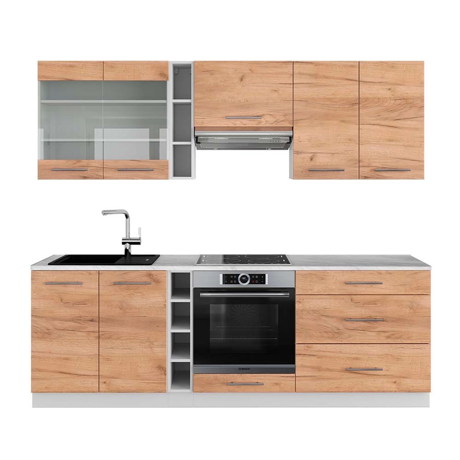 Vicco Fame-Line Küchenzeile Goldkraft Eiche/Weiß 235 cm AP Marmor günstig online kaufen