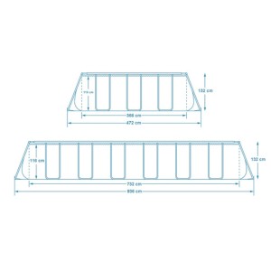 Skizze: Bestway Stahlrahmenpool-Set Power Steel, rechteckig, 732x366x132cm und 472x366x122cm, mit Maßangaben.