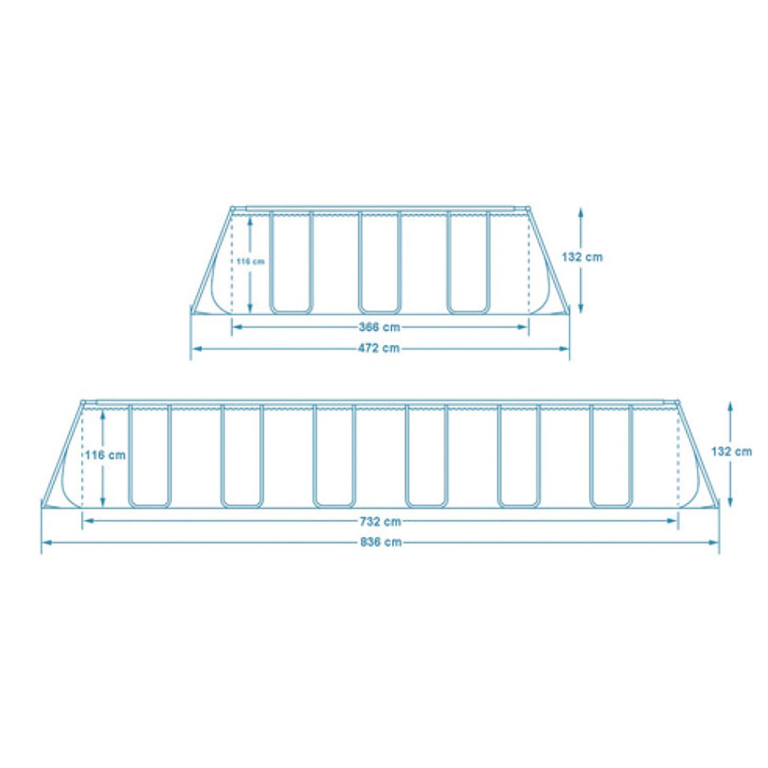 Skizze: Bestway Stahlrahmenpool-Set Power Steel, rechteckig, 732x366x132cm und 472x366x122cm, mit Maßangaben.